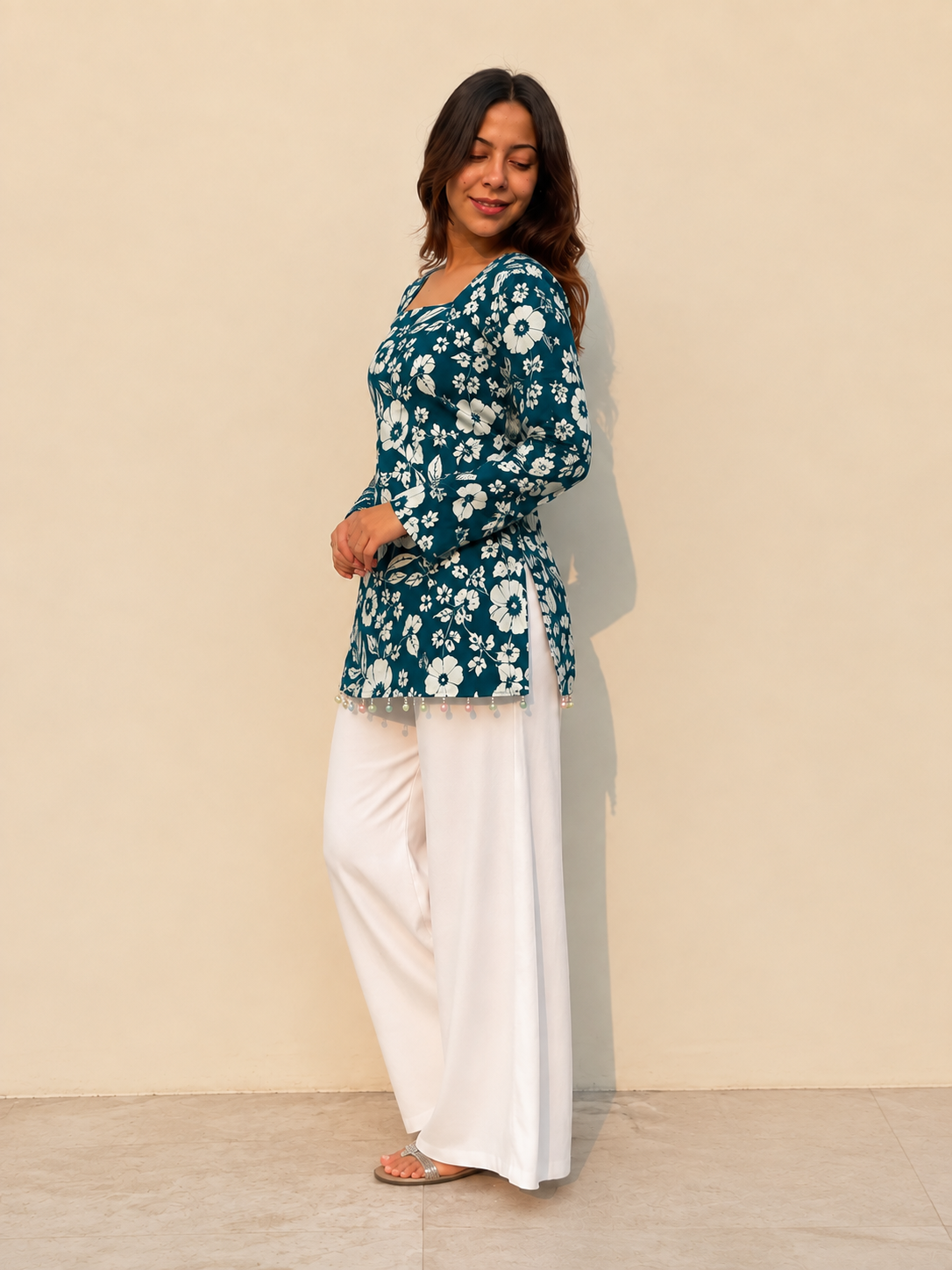Premium Teal Floral Printed Short Kurti - Image 2