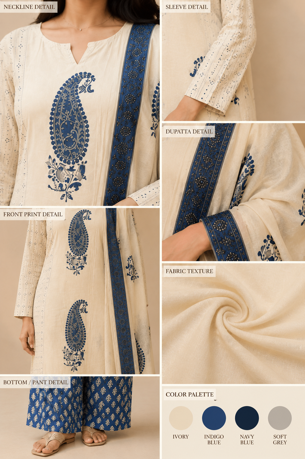 Ivory Blue Printed Kurta Set with Paisley Dupatta - Image 3