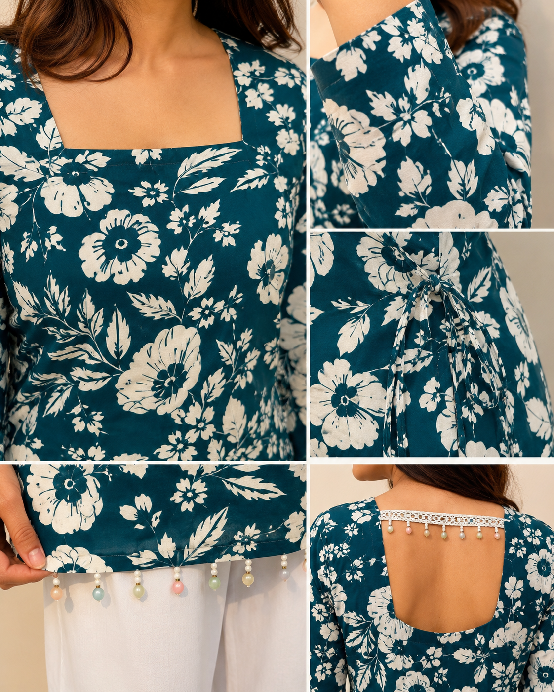Premium Teal Floral Printed Short Kurti - Image 3