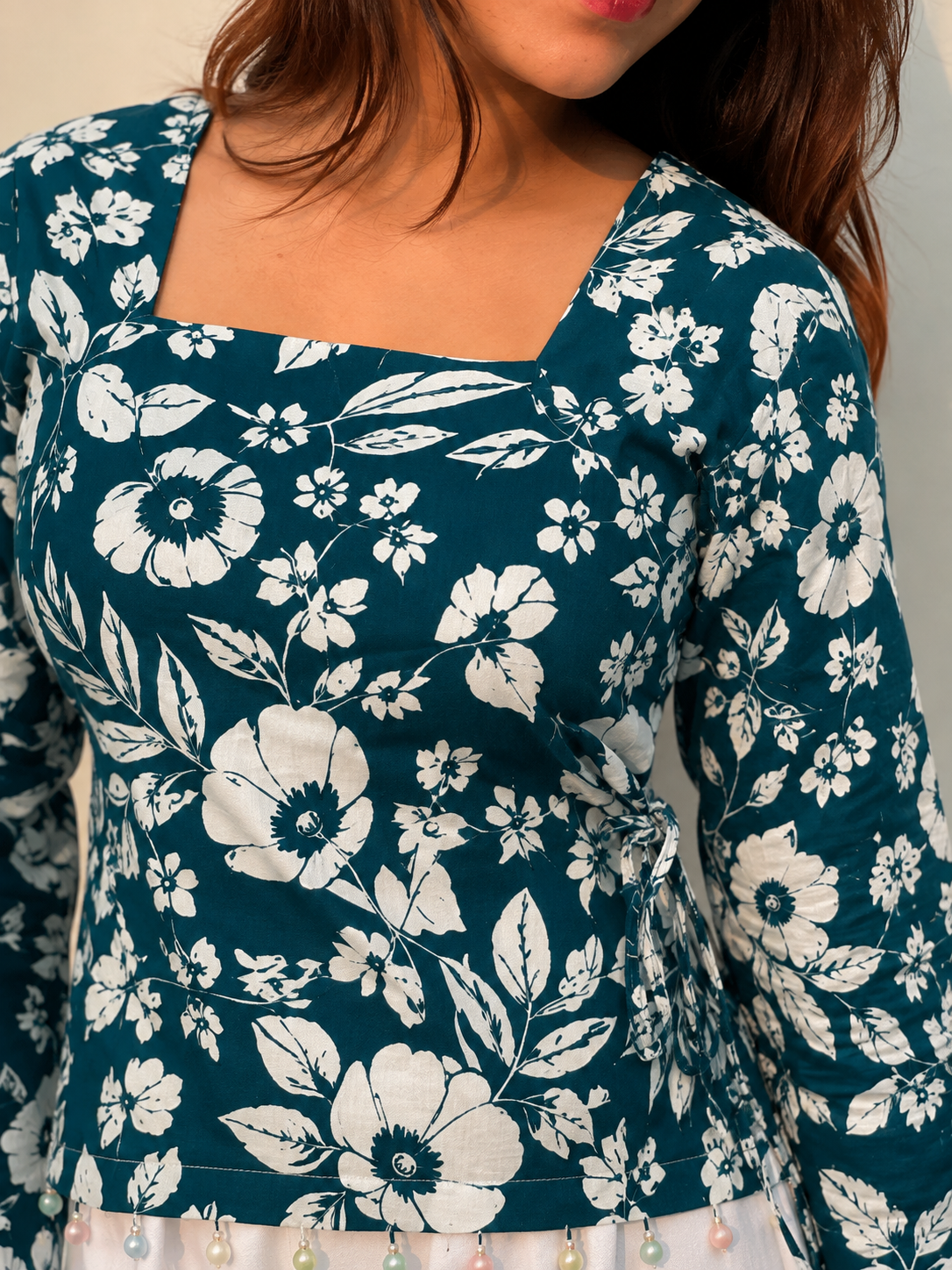 Premium Teal Floral Printed Short Kurti - Image 4