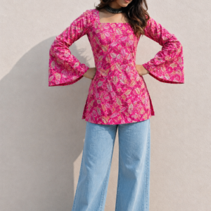 Pink Printed Square Neck Cotton Kurti