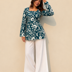 Premium Teal Floral Printed Short Kurti