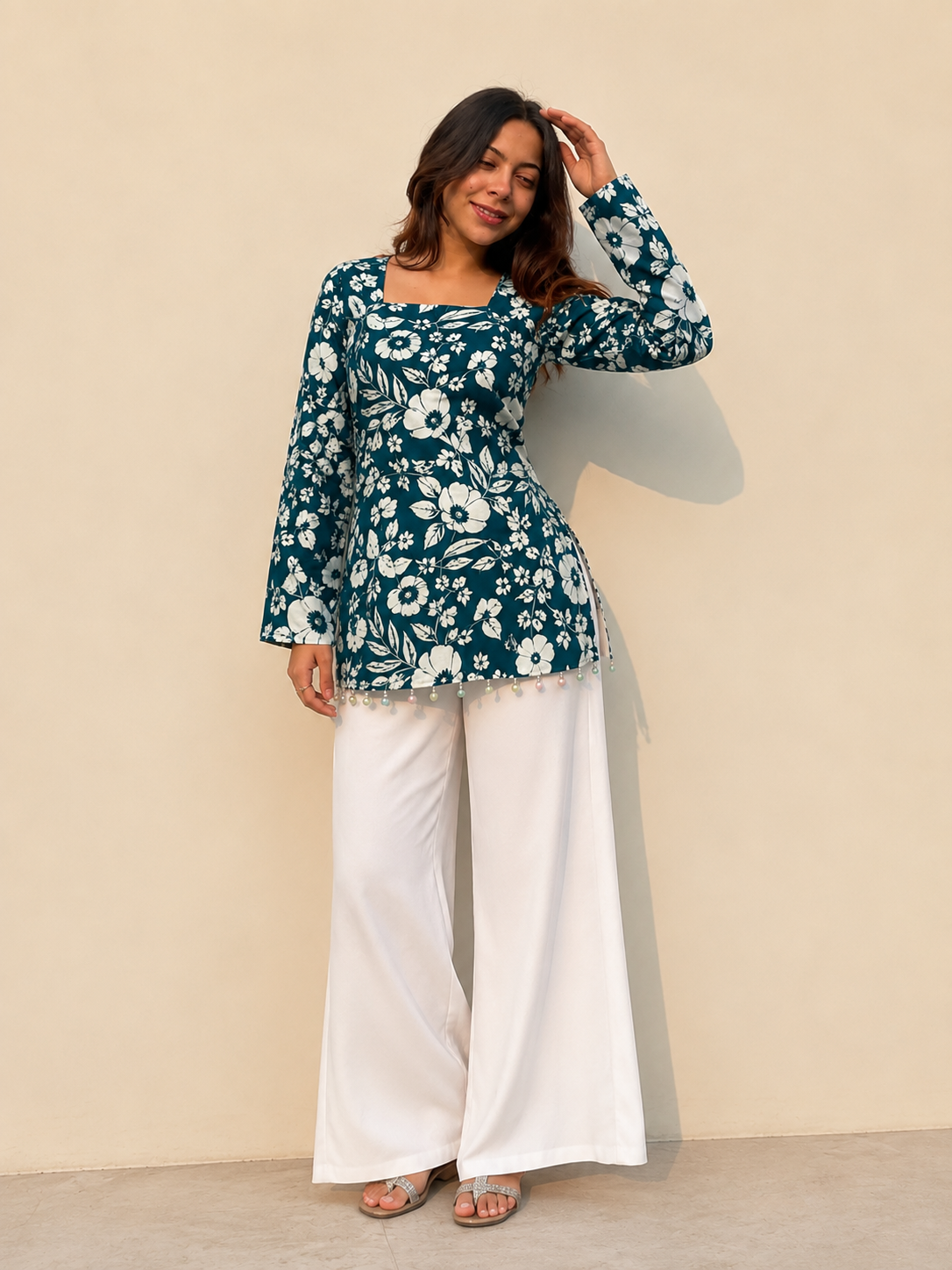 Premium Teal Floral Printed Short Kurti